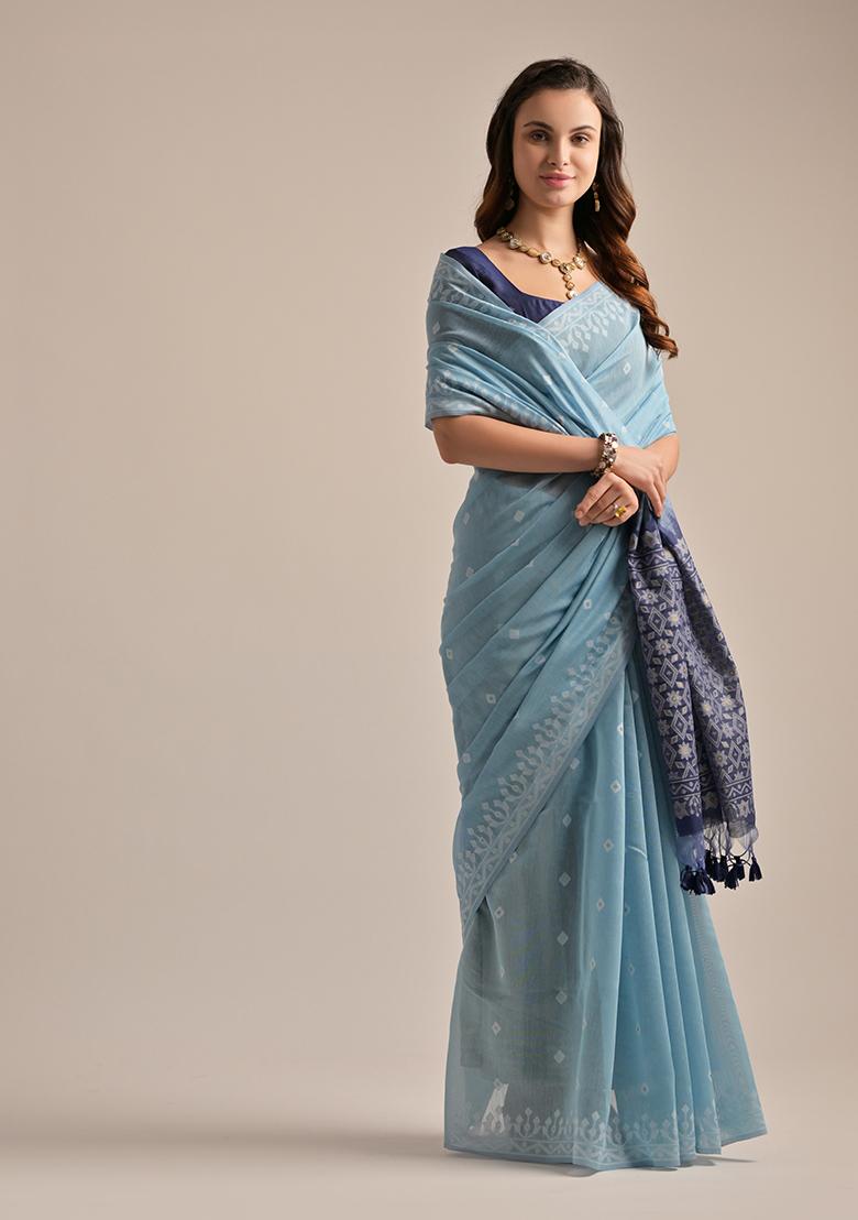 Firozi Blue Thread Embroidered Muga Cotton Saree Set