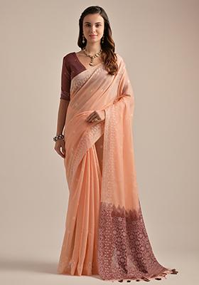 Peach Thread Embroidered Muga Cotton Saree Set