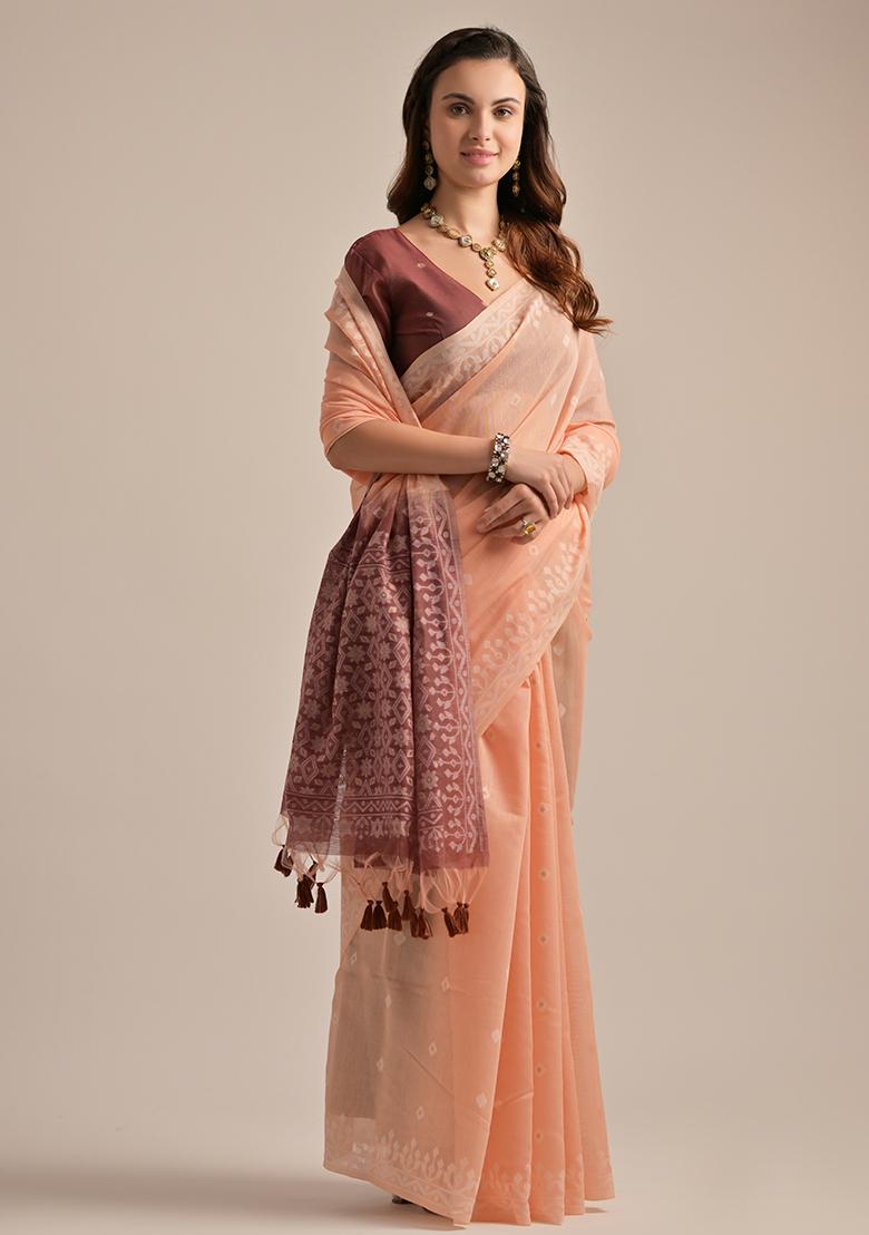 Peach Thread Embroidered Muga Cotton Saree Set