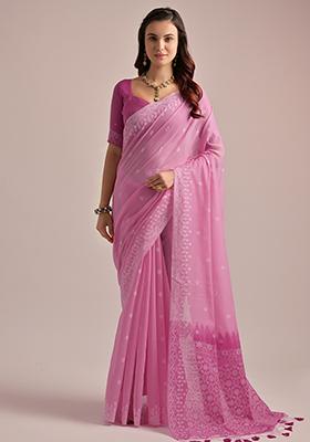 Pink Thread Embroidered Muga Cotton Saree Set