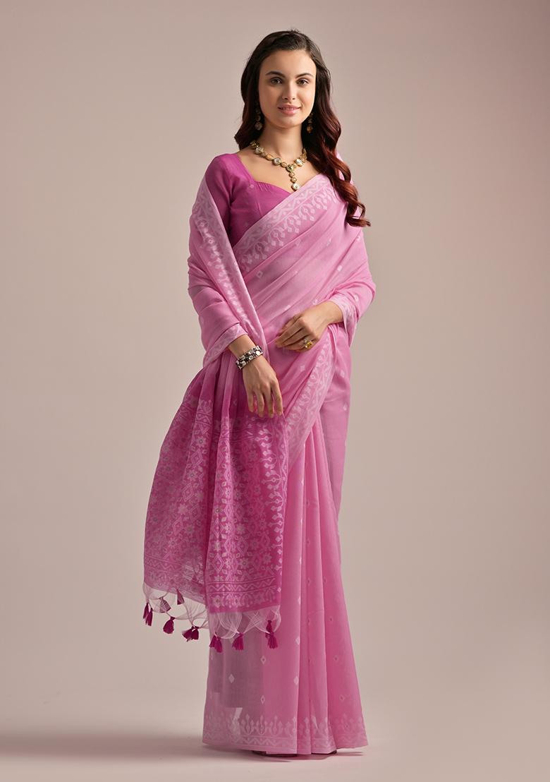 Pink Thread Embroidered Muga Cotton Saree Set
