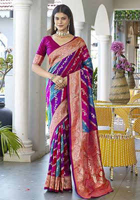 Pink Leheriya Print Banarasi Silk Saree Set