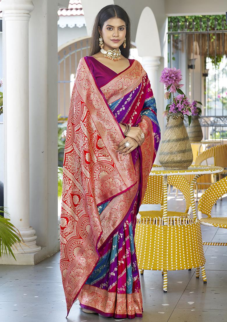 Pink Leheriya Print Banarasi Silk Saree Set