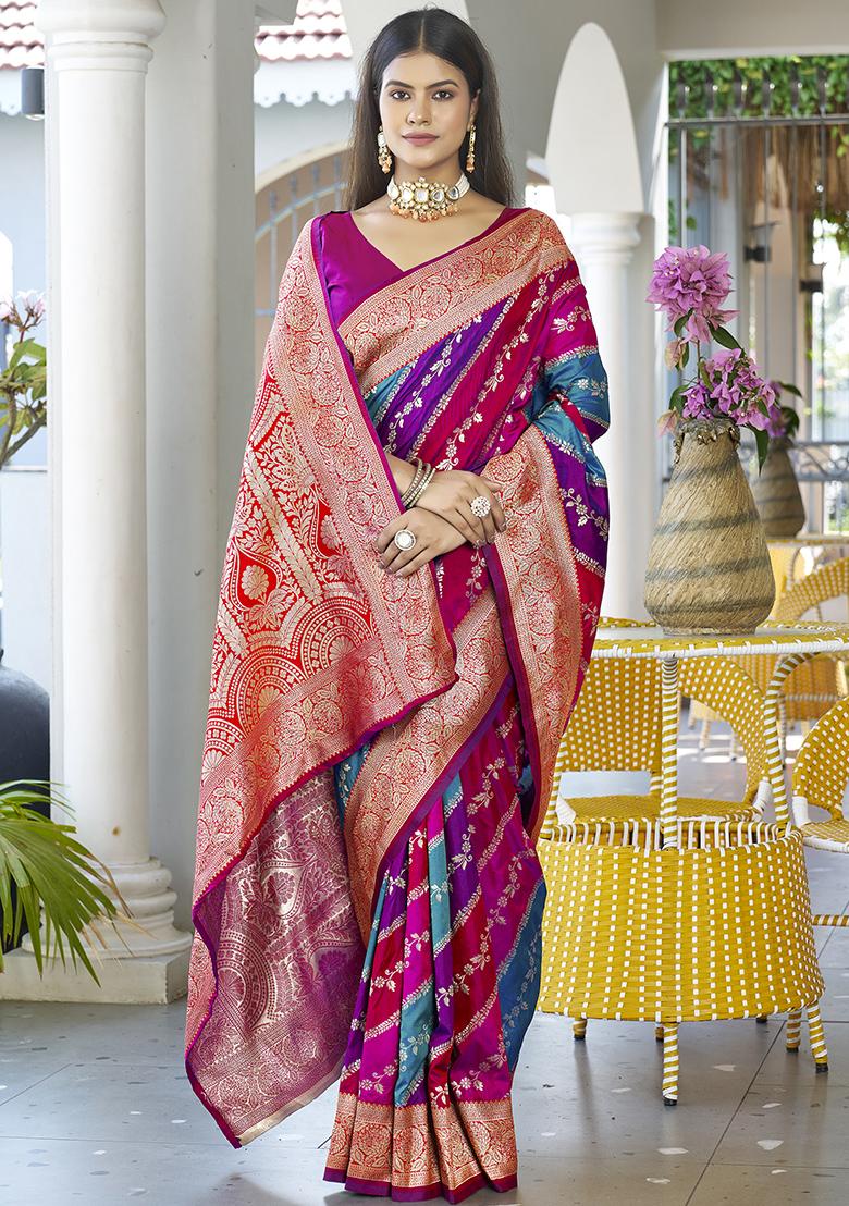 Pink Leheriya Print Banarasi Silk Saree Set