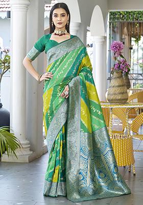 Green Leheriya Print Banarasi Silk Saree Set