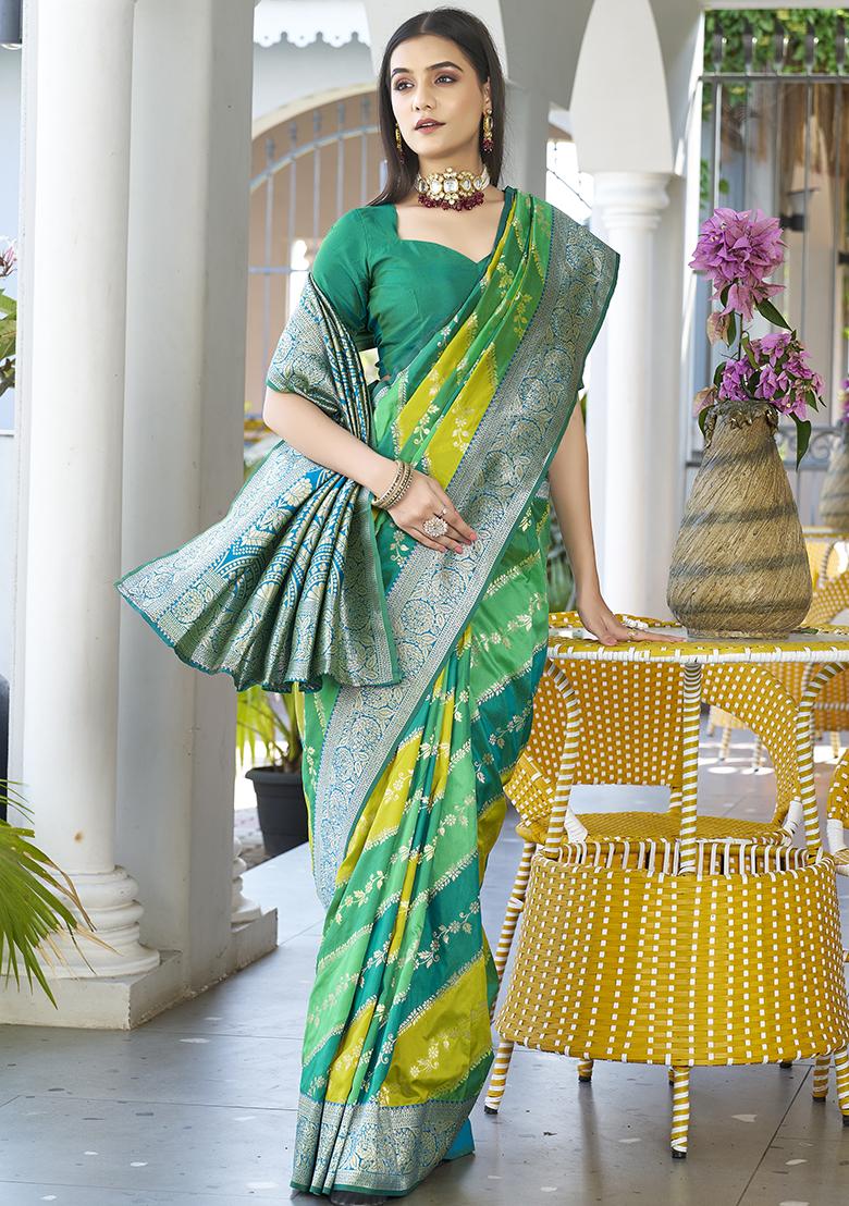 Green Leheriya Print Banarasi Silk Saree Set