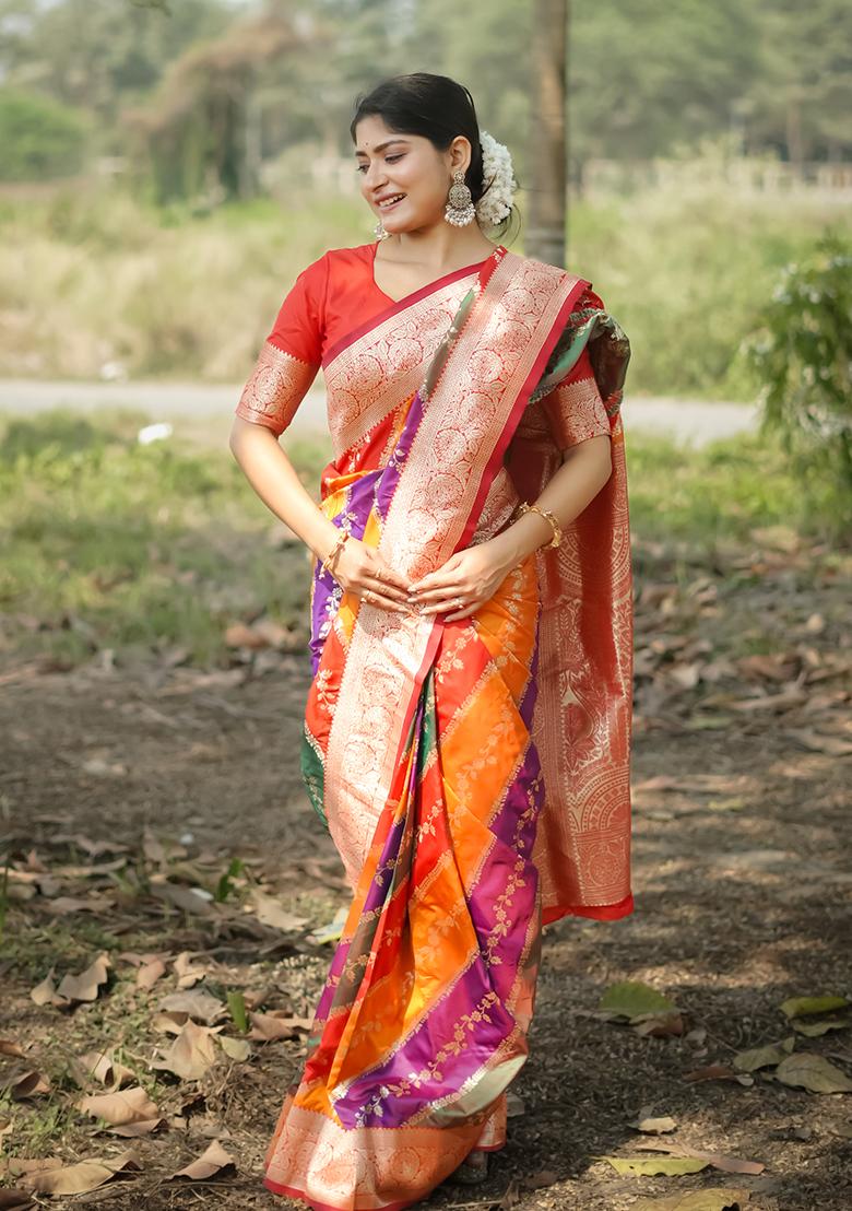 Red Leheriya Print Banarasi Silk Saree Set