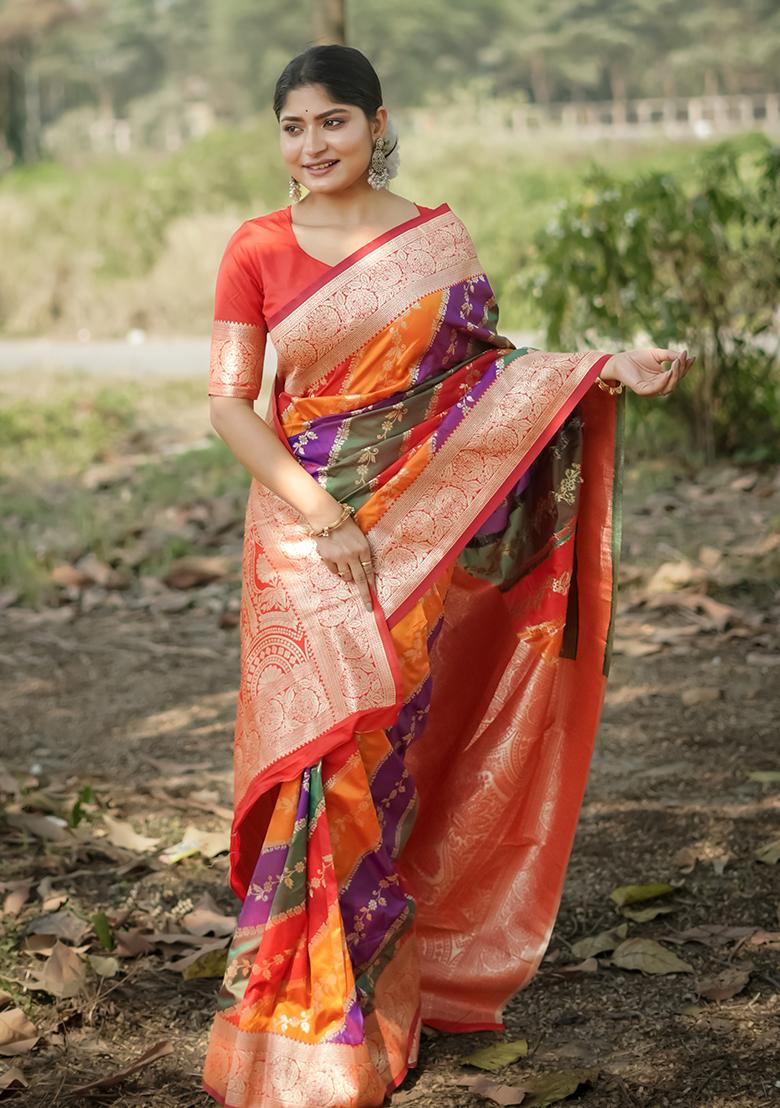 Red Leheriya Print Banarasi Silk Saree Set