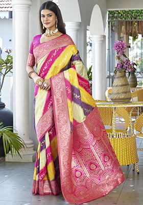 Yellow Leheriya Print Banarasi Silk Saree Set