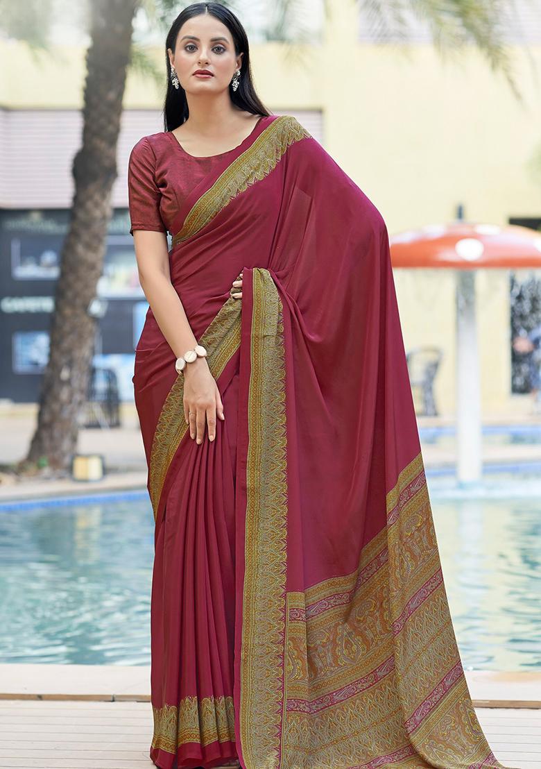 Maroon Digital Print Crepe Saree Set