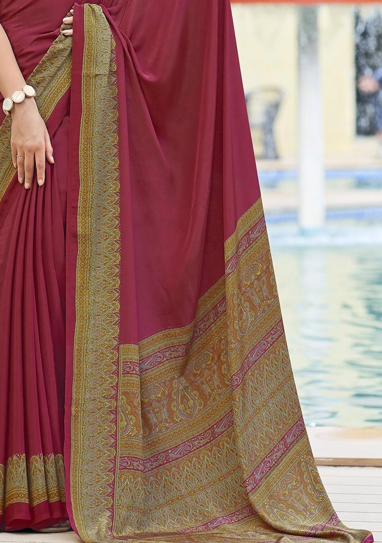 Maroon Digital Print Crepe Saree Set