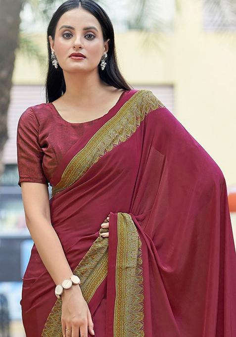 Maroon Digital Print Crepe Saree Set