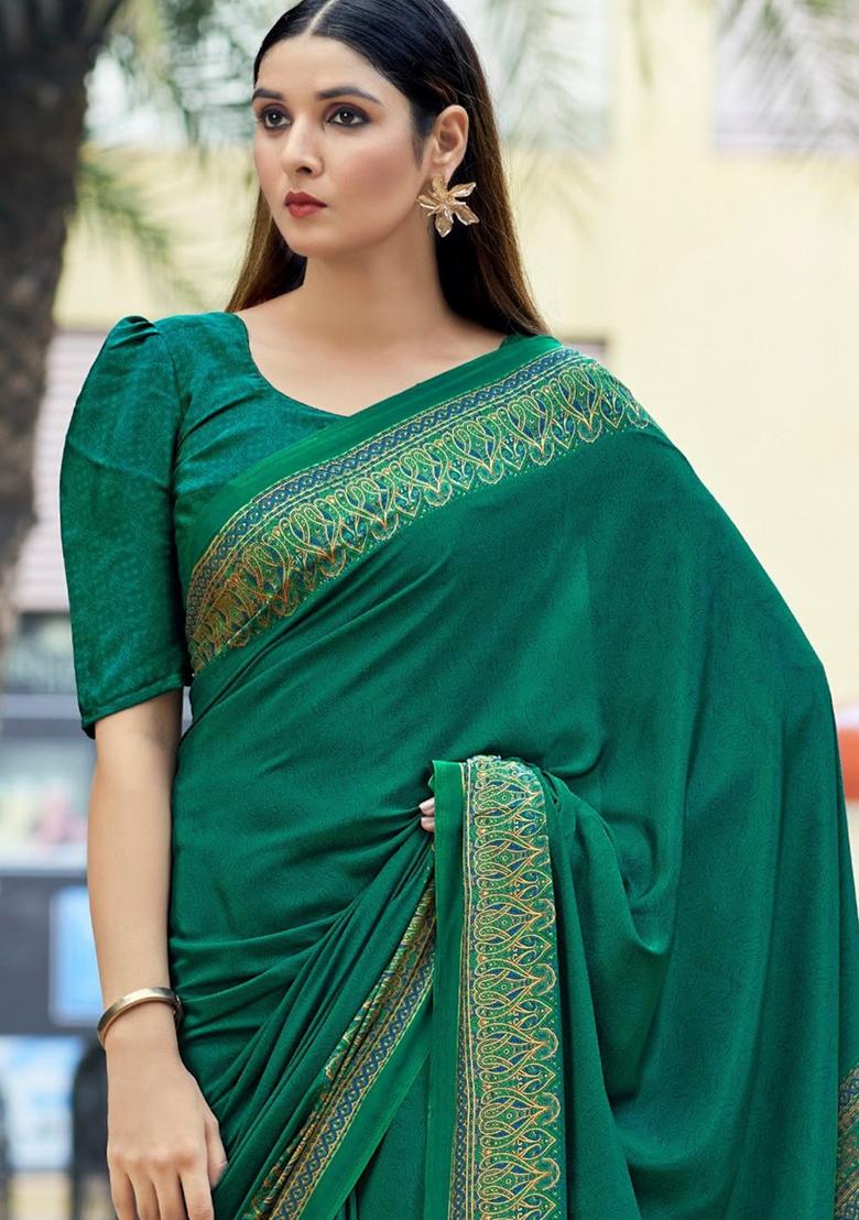 Teal Green Digital Print Crepe Saree Set