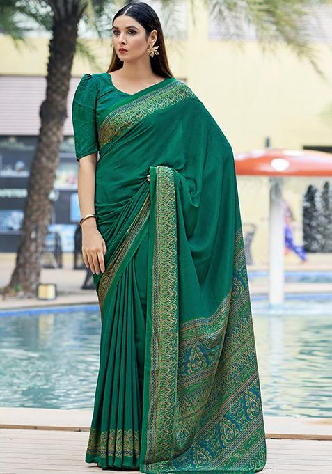 Teal Green Digital Print Crepe Saree Set