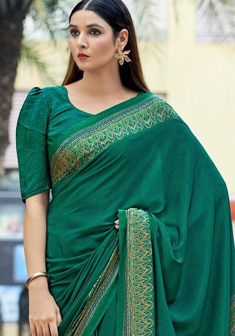 Teal Green Digital Print Crepe Saree Set