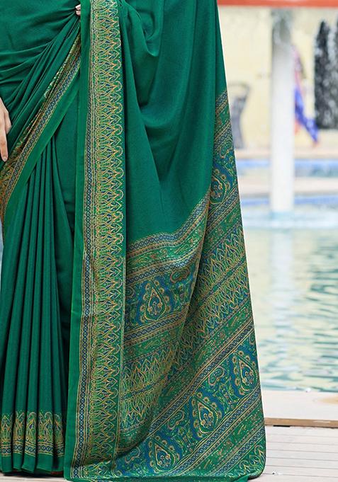 Teal Green Digital Print Crepe Saree Set