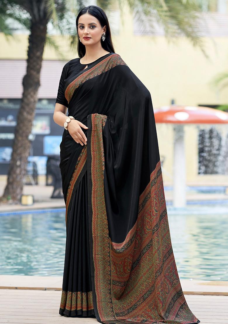 Black Digital Print Crepe Saree Set