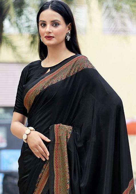 Black Digital Print Crepe Saree Set