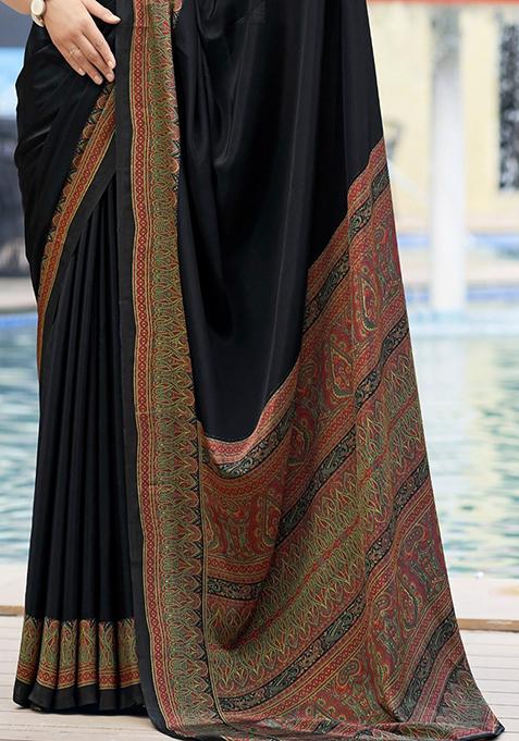 Black Digital Print Crepe Saree Set