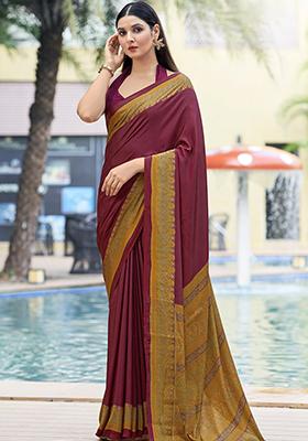 Wine Digital Print Crepe Saree Set