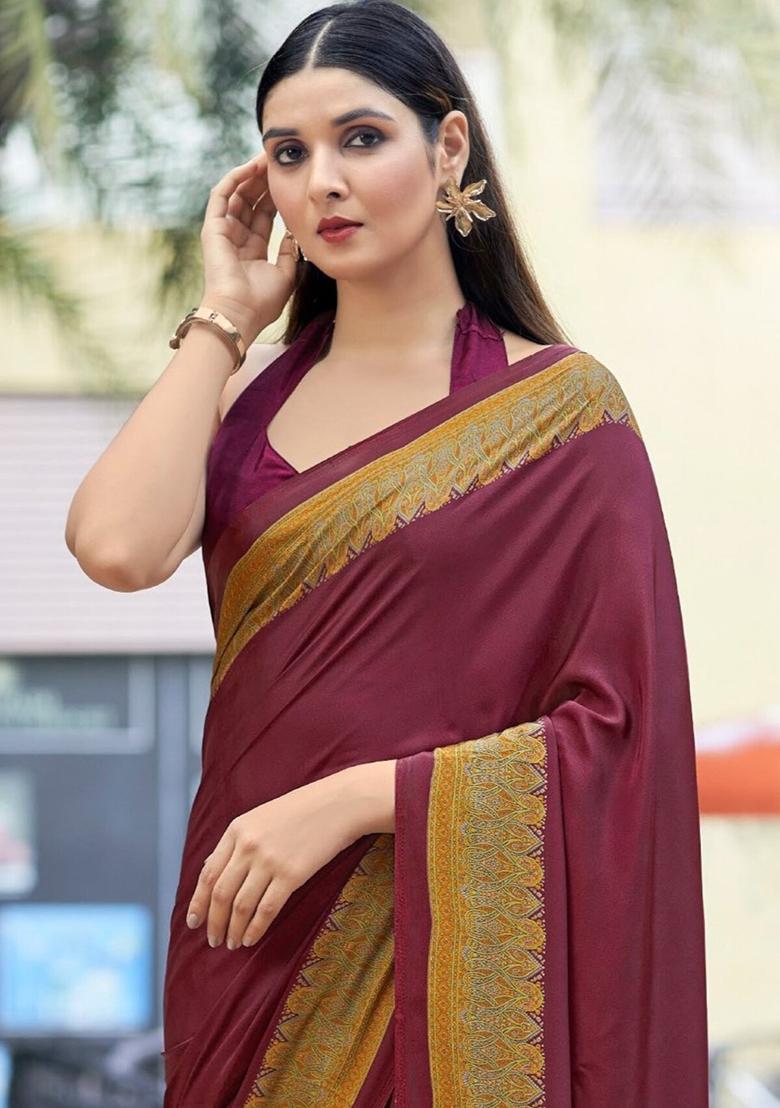 Wine Digital Print Crepe Saree Set