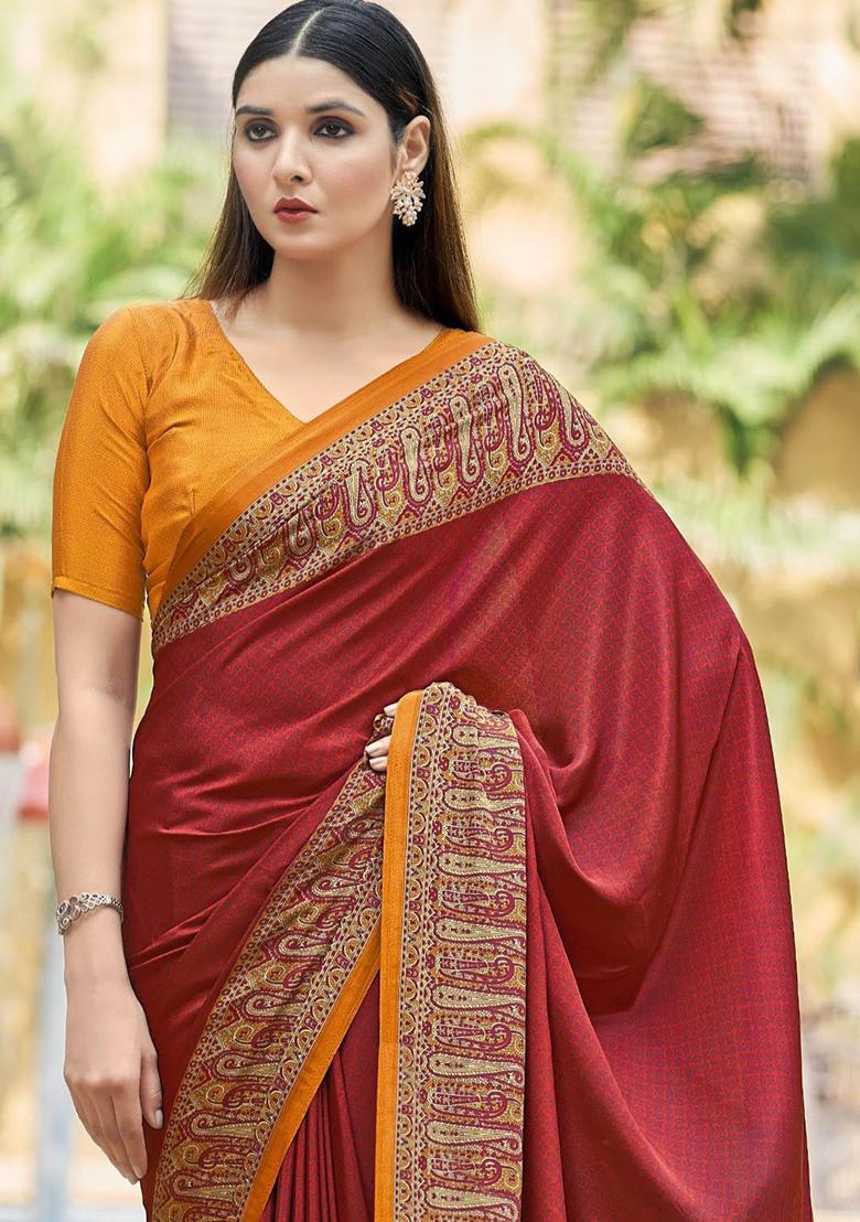 Maroon Digital Print Crepe Saree Set