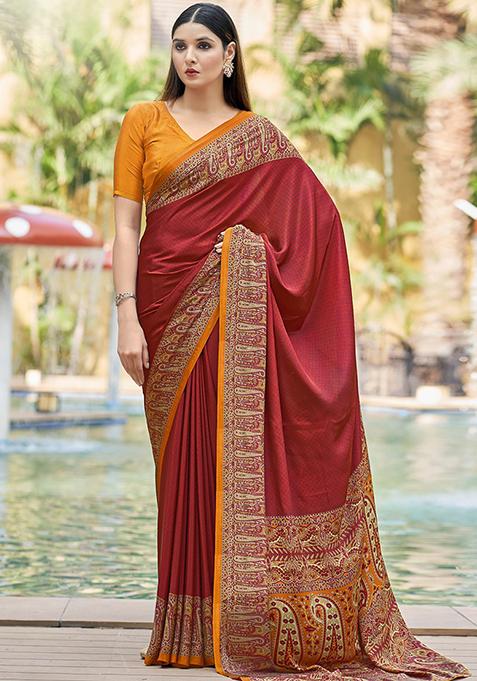Maroon Digital Print Crepe Saree Set