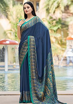 Blue Digital Print Crepe Saree Set
