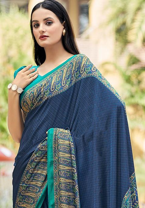 Blue Digital Print Crepe Saree Set