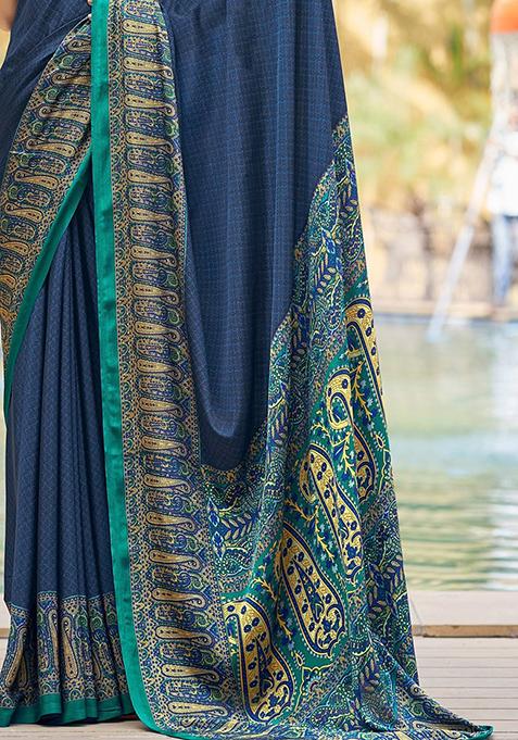 Blue Digital Print Crepe Saree Set