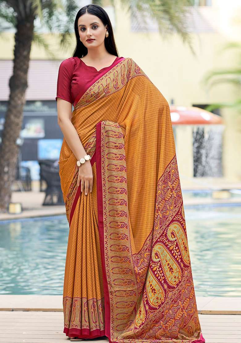 Yellow Crepe Saree Set with Digital Print for Diwali | Wedding & Festive Wear - Indya