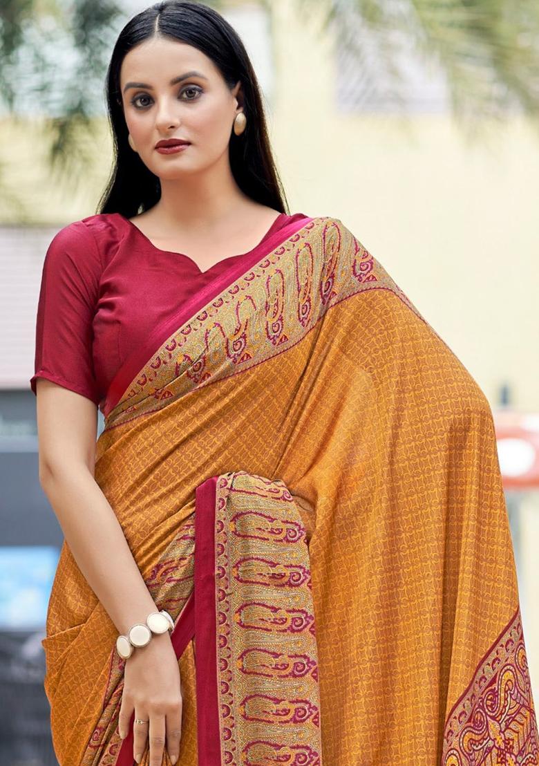 Yellow Digital Print Crepe Saree Set