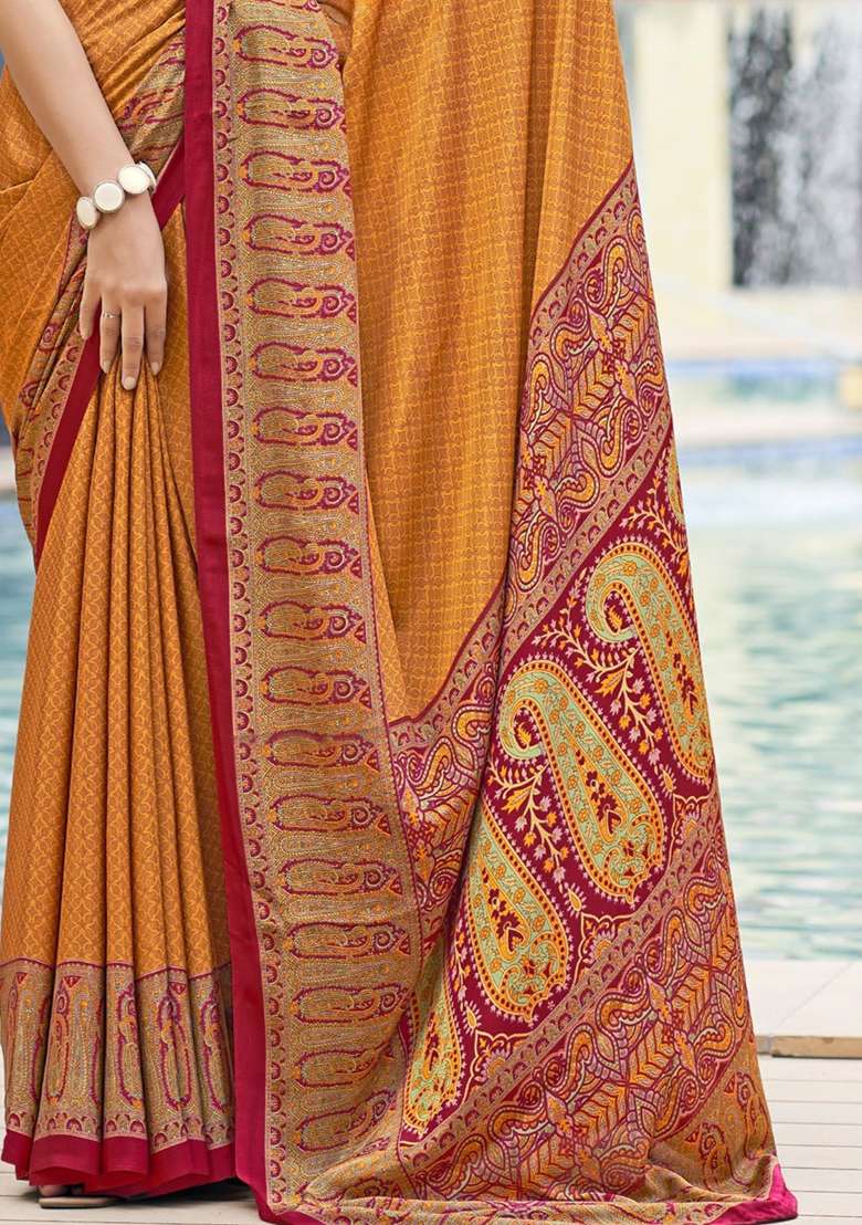 Yellow Crepe Saree Set with Digital Print for Diwali | Wedding & Festive Wear - Indya