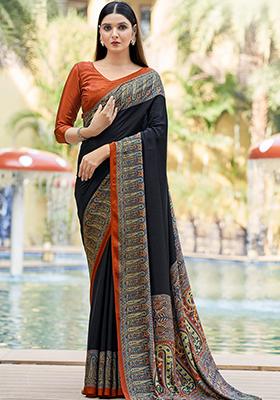 Black Digital Print Crepe Saree Set