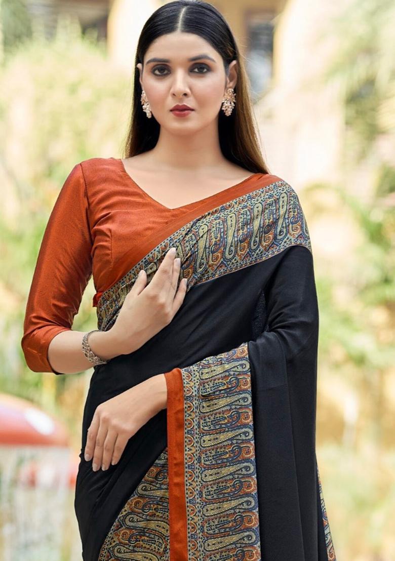 Black Digital Print Crepe Saree Set