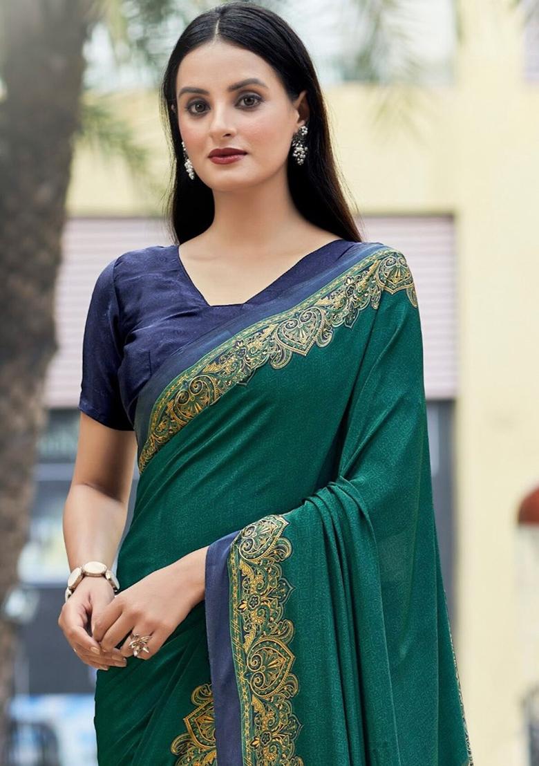 Green Digital Print Crepe Saree Set