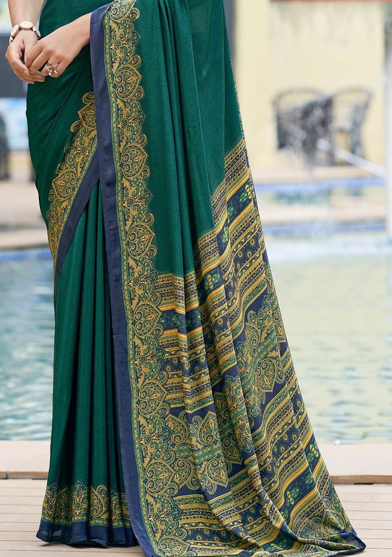 Green Digital Print Crepe Saree Set