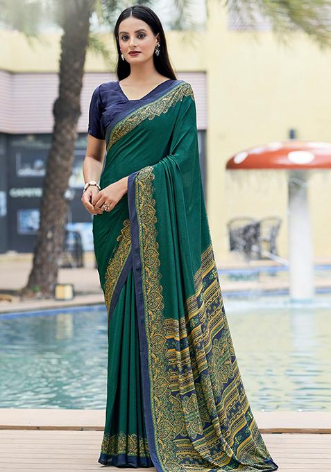 Green Digital Print Crepe Saree Set