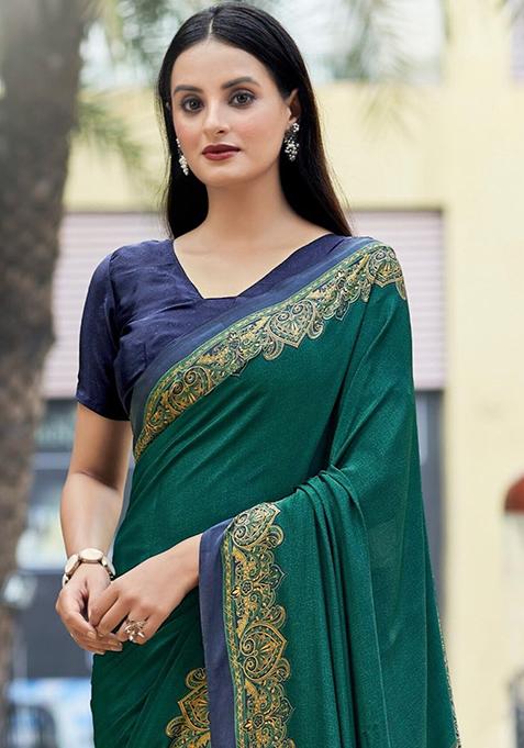 Green Digital Print Crepe Saree Set