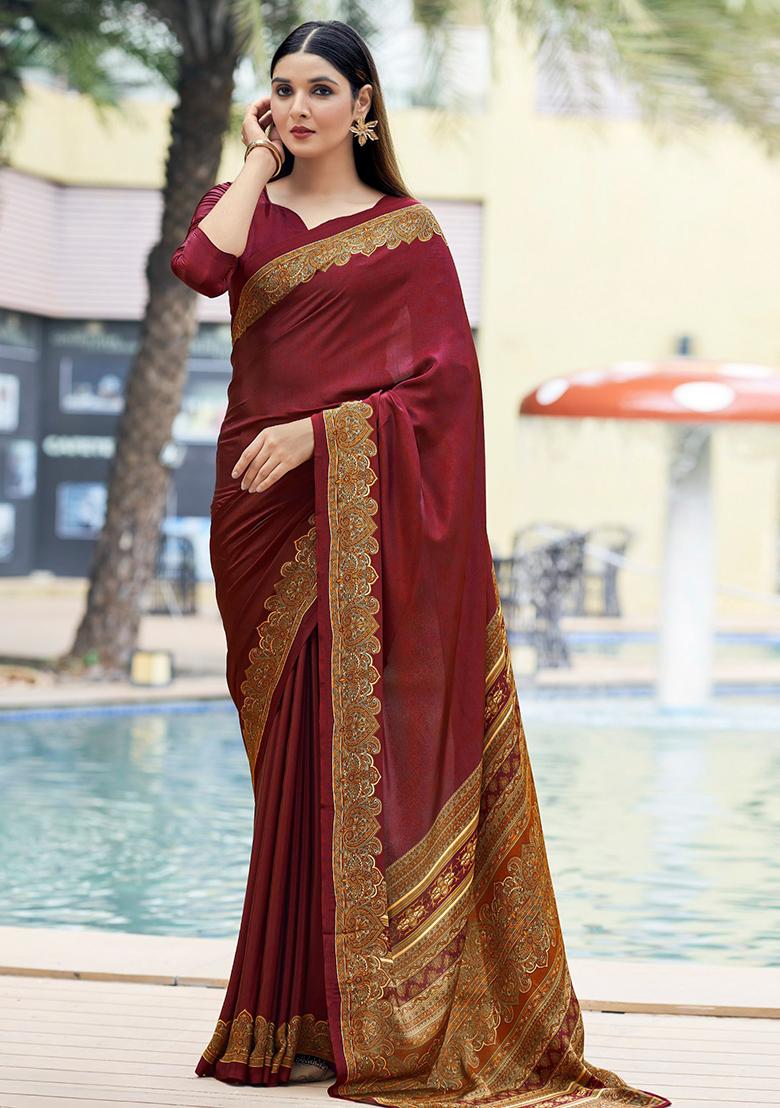 Maroon Digital Print Crepe Saree Set