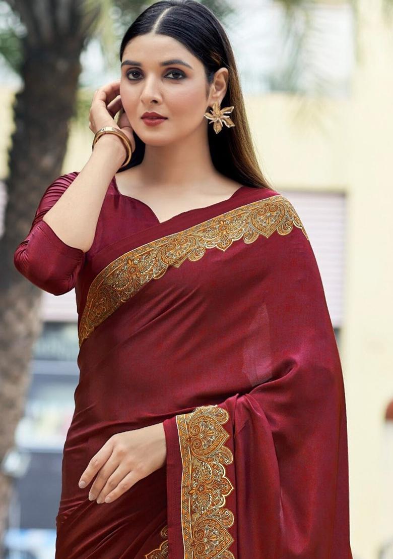 Maroon Digital Print Crepe Saree Set