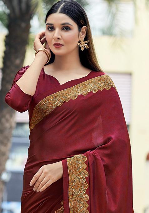 Maroon Digital Print Crepe Saree Set