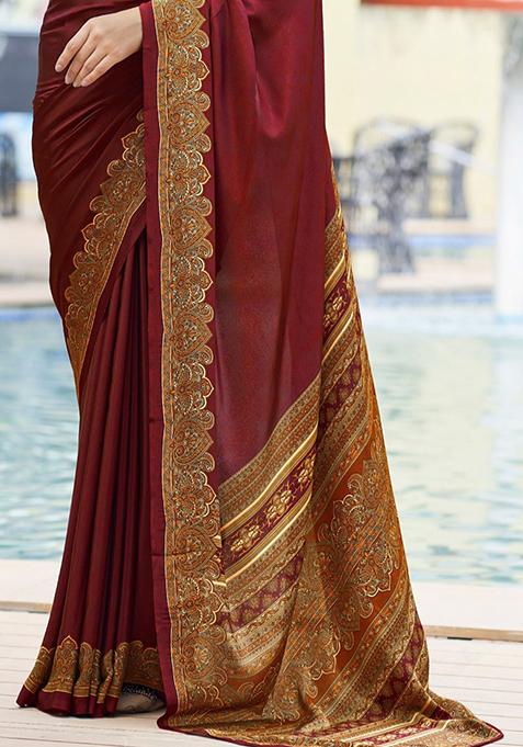Maroon Digital Print Crepe Saree Set