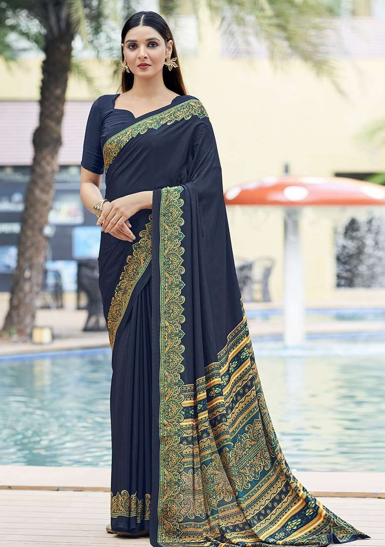 Navy Blue Digital Print Crepe Saree Set for Diwali and Festive Wear - Indya