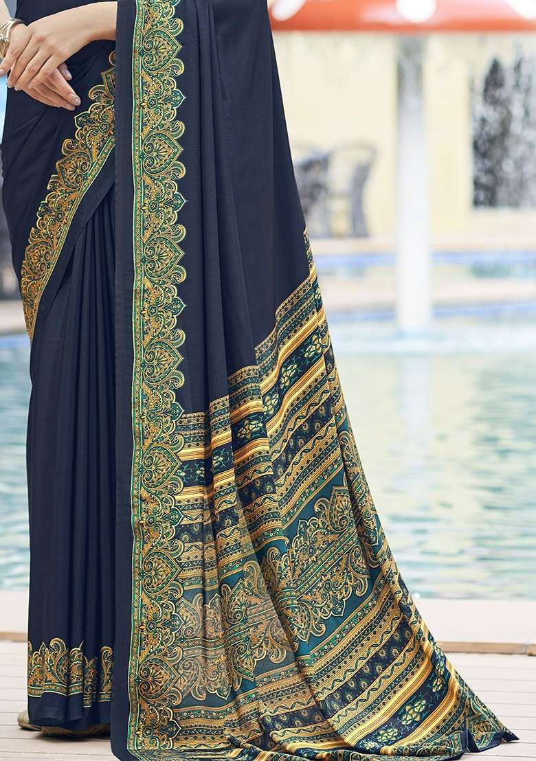 Navy Blue Digital Print Crepe Saree Set for Diwali and Festive Wear - Indya