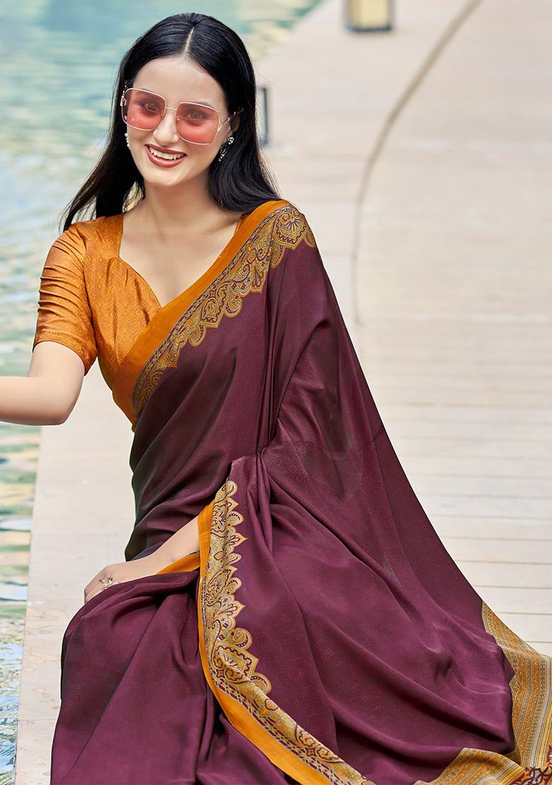 Wine Digital Print Crepe Saree Set