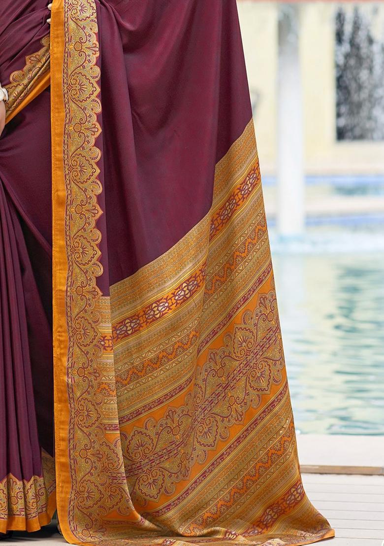 Wine Digital Print Crepe Saree Set