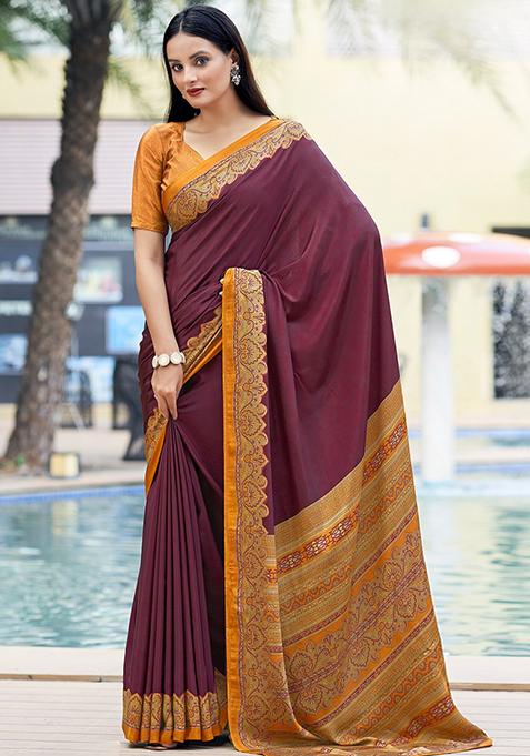 Wine Digital Print Crepe Saree Set
