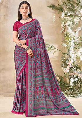 Pink Floral Print Crepe Saree Set