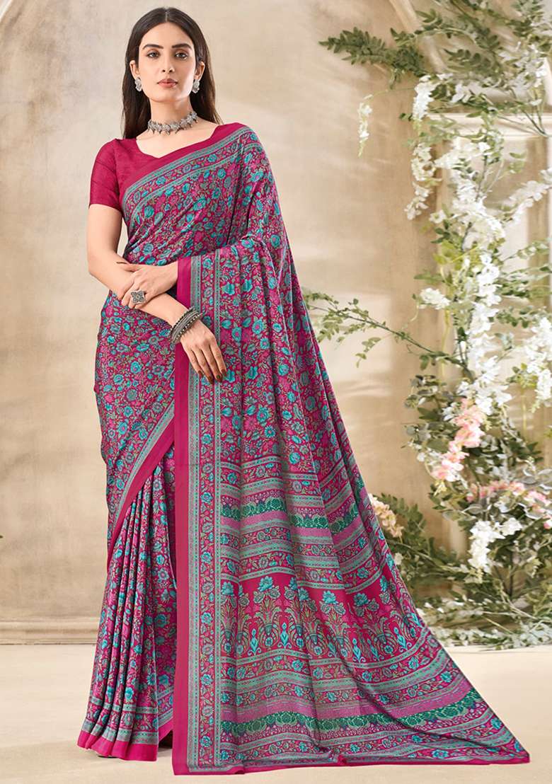 Pink Floral Print Crepe Saree Set for Diwali and Festive Wear - Indya